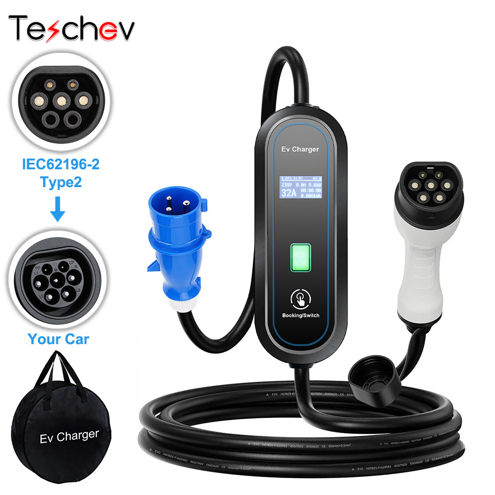 Teschev 32A 7KW Type2 EV Charger Portable GB/T Electric Vehicle Charger Type1 Wallbox CEE Plug EVSE Charging Cable 5M