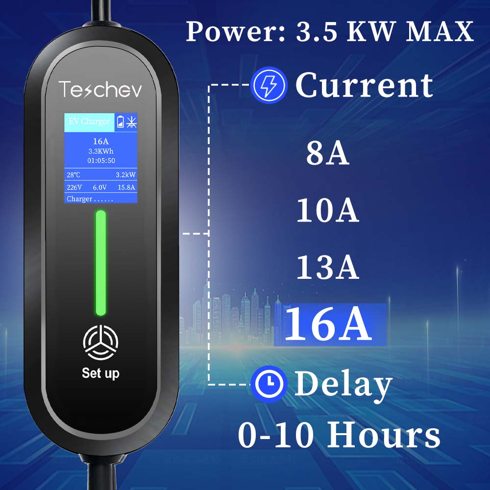 Teschev EV Portable Charger 3.5KW SAE J1772 Type 1 Charger Cable 8A 10A 13A 16A Adjustable WallBox 3.5M Car Fast Charger