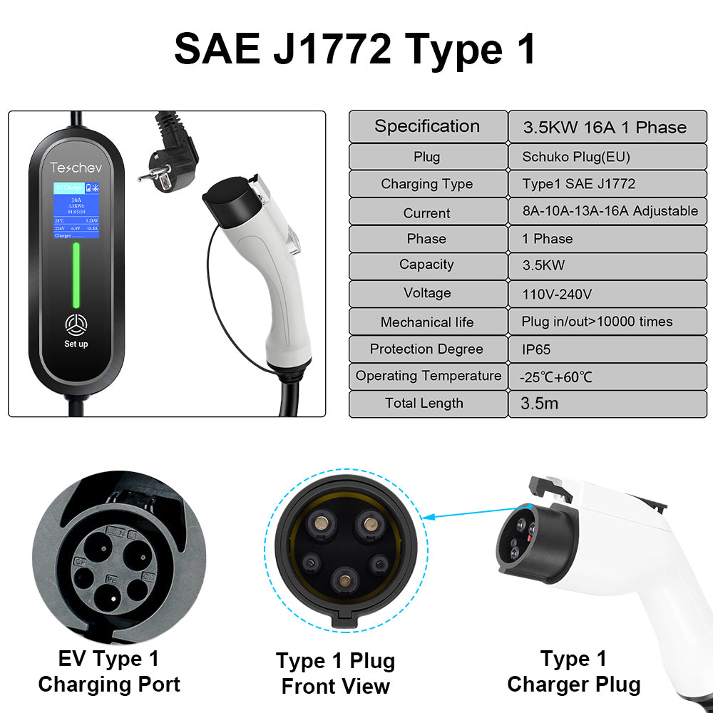 Teschev EV Portable Charger 3.5KW SAE J1772 Type 1 Charger Cable 8A 10A 13A 16A Adjustable WallBox 3.5M Car Fast Charger